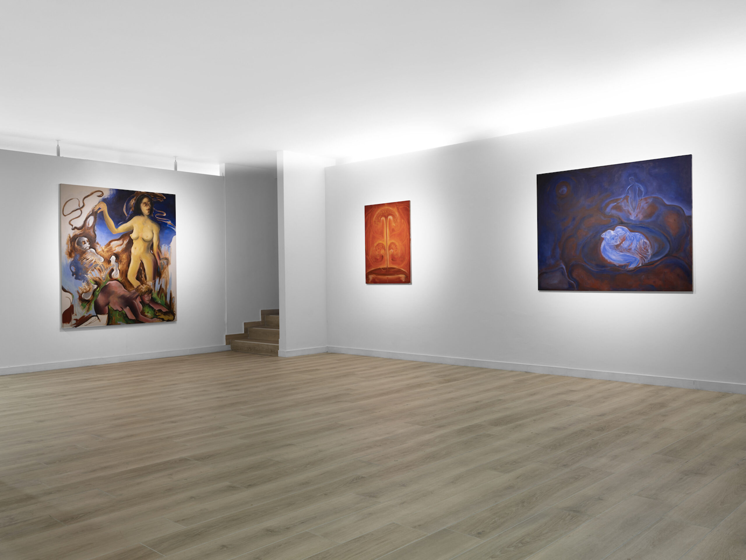 Silvia Paci, Danza #3, 2022 Oil on canvas, 170x150 cm || Salomè Wu, Bliss, 2021 Oil on canvas, 76x101 cm || Salomè Wu, Hidden in the Warmth of Rafflesia, 2020 Oil on canvas, 122x153 cm 