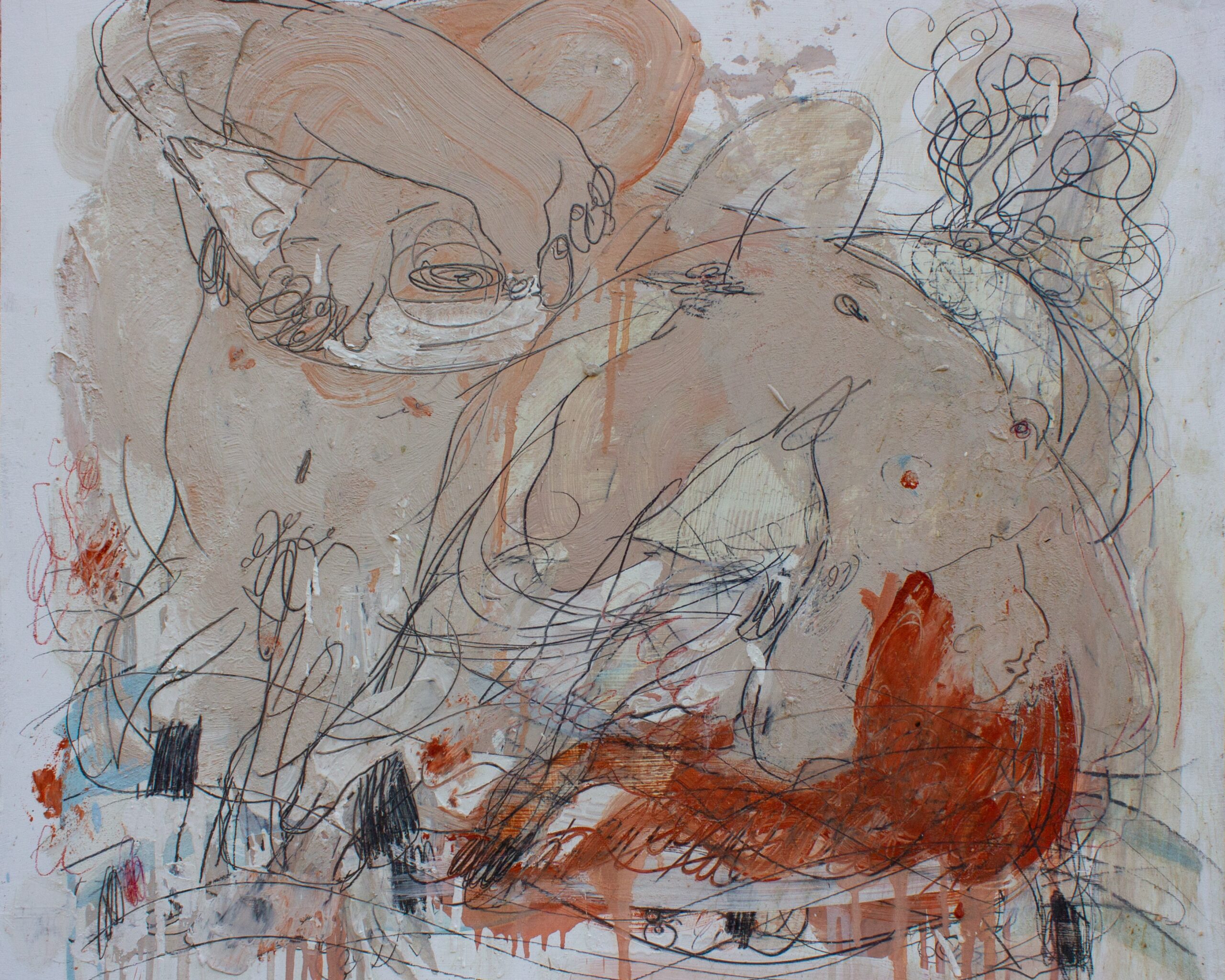 Polyphemus and Galatea, 2022, oil, pencil, charcoal, plaster on wood panel, 63 x 70 cm