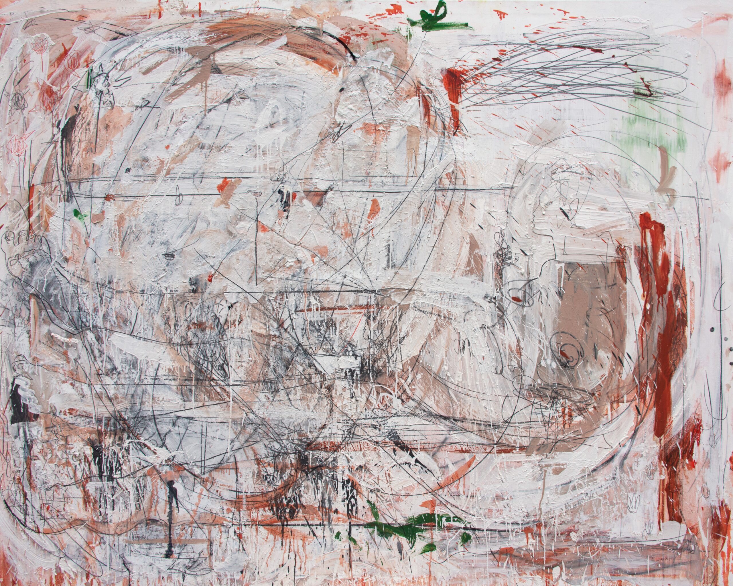 Tomb of The Diver (Red II), 2022, oil, pencil, charcoal,plaster on canvas, 160x208 cm