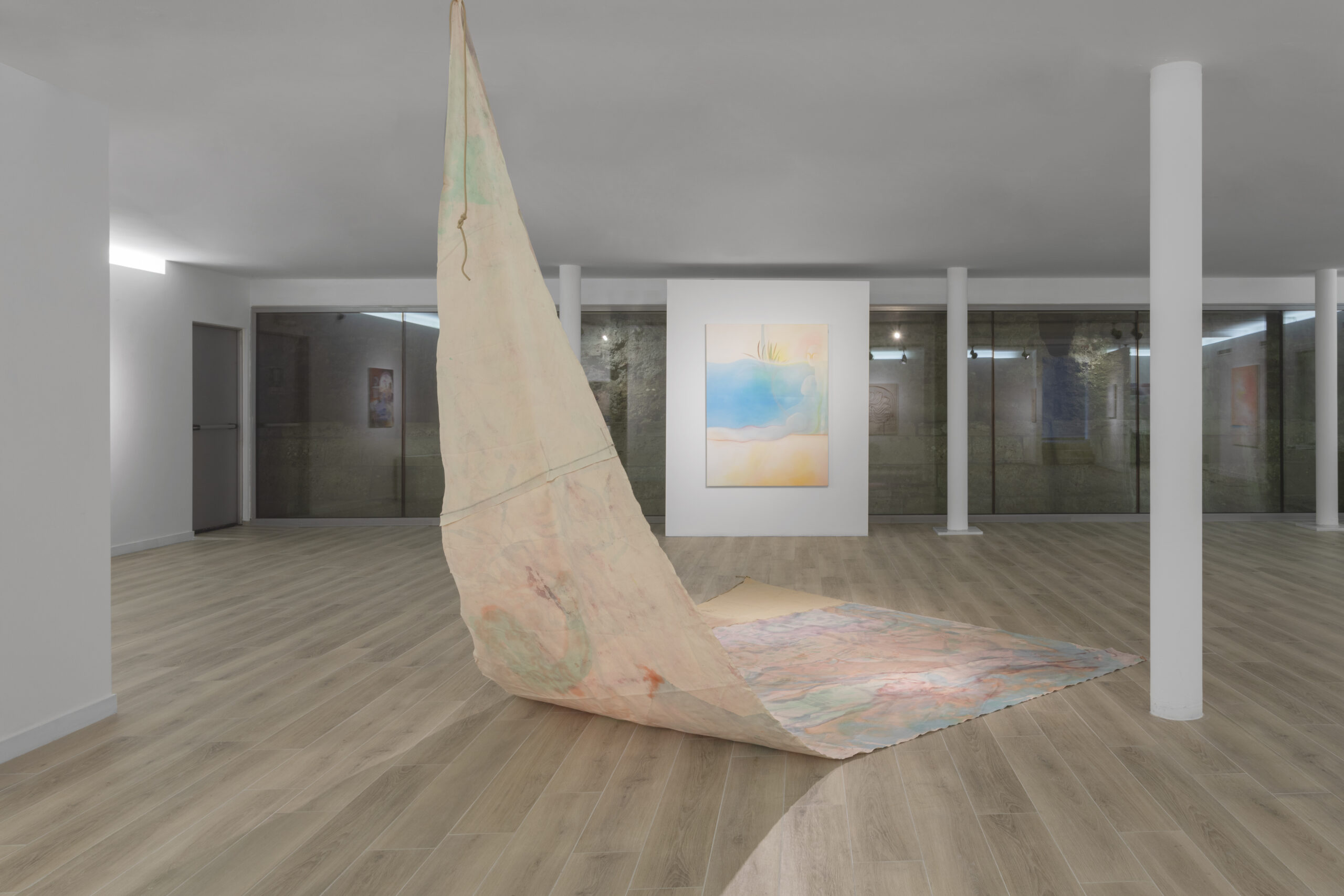 Charlott Weise, Sail, textile paint, pastes, ink and pigments on canvas, shell, epoxy, rope, 500 x 300 cm || Tal Regev, They can pull you deep under the water, 2020, oil on canvas, 160 x 120 cm