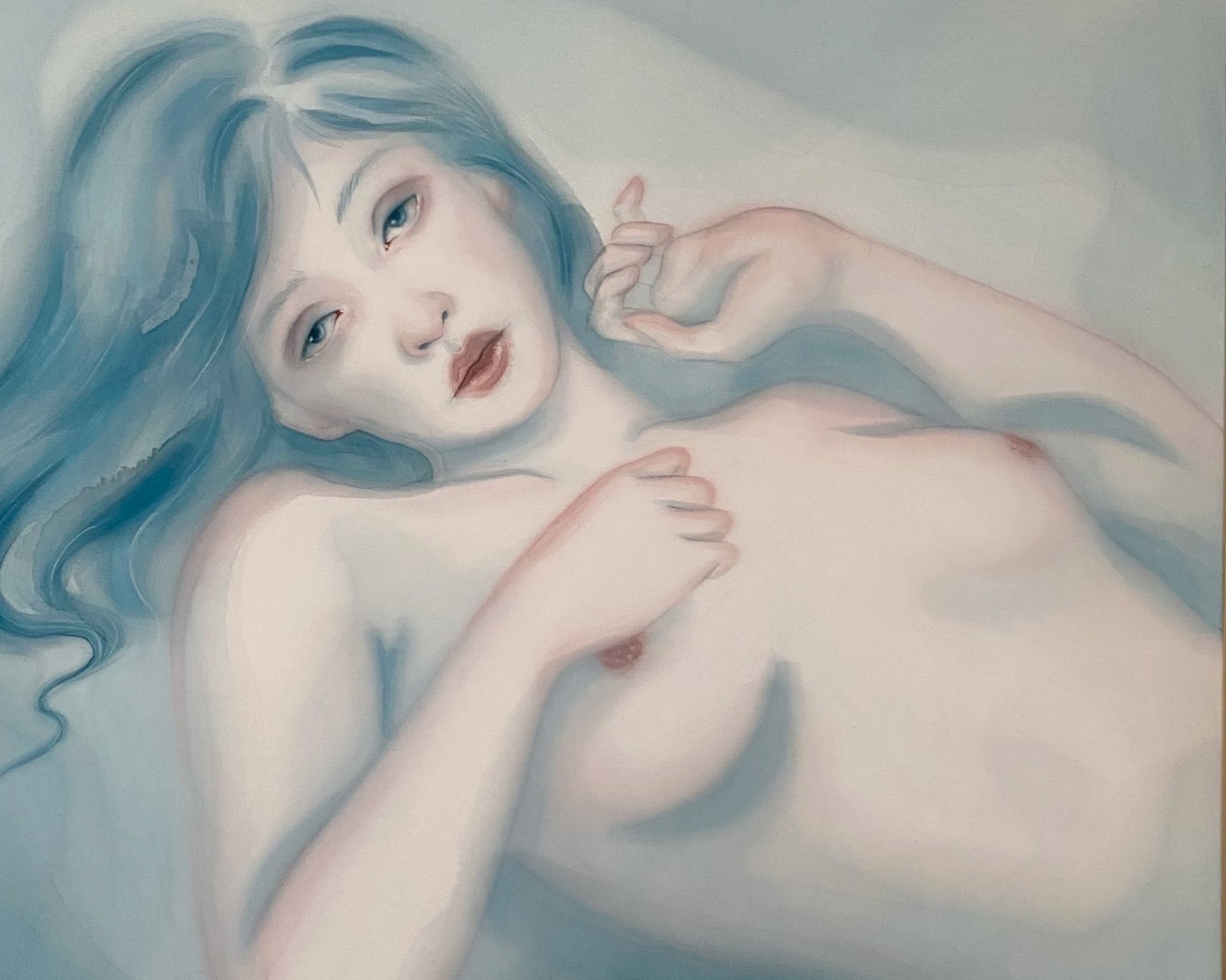 ‘Lips blurring, eyes melting , watercolour on cotton, 60 x 60 cm